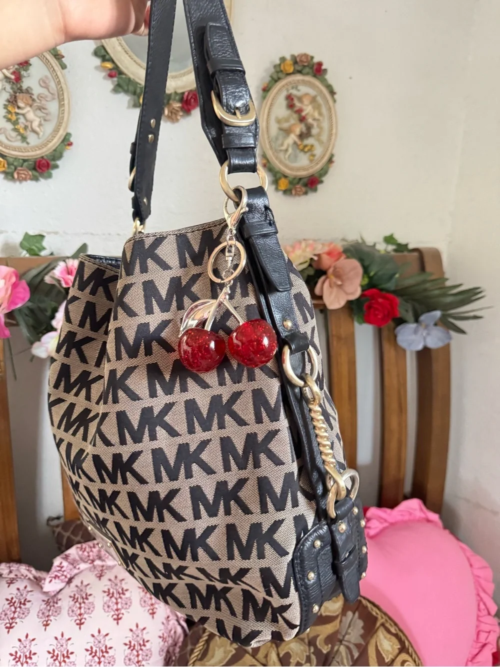 Michael Kors monogram hobo bag black and grey with silver accents